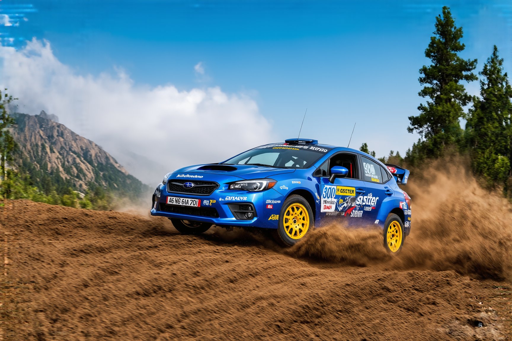 ((Ultra-realistic)) photo of Blue Subaru Impreza 2025 cornering and drifting beautifully at a mountain offroad muddy trail,splashing mud,Sports car,beautiful and complex racing livery,Blue color,shiny spinning wheels,glossy Yellow alloy rims,bright turned on head lights,driver silhouette,driving at high speed,(backdrop of Detailed Realistic mountain offroad trail for speed race,mountain view,trees,rock,hill,cloud,mud,cluttered maximalism),depth of perspective,vehicle focus,sports car,(wide shot)
BREAK
sharp focus,high contrast,studio photo,trending on artstation,rule of thirds,perfect composition,(Hyper-detailed,masterpiece,best quality,UHD,HDR,32K,shiny, glossy,reflective,kodachrome 800:1.3), ek_photo_b00ster,ek_car_b00ster