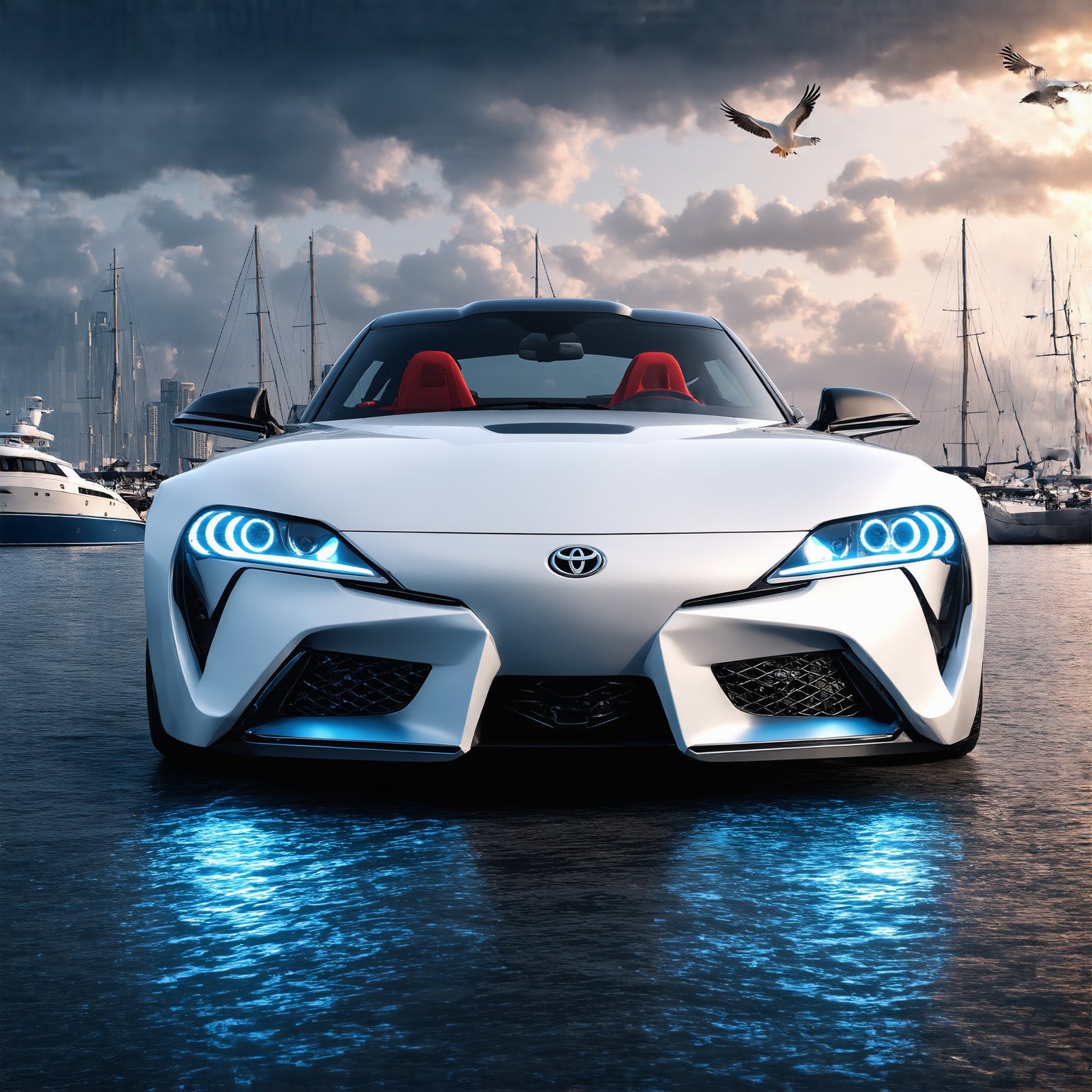 ((Ultra-realistic)) photo of Toyota Supra 2025,White color,shiny spinning wheels,glossy Blue alloy rims with silver edge,bright turned on head lights,(Detailed Realistic harbor city with pcean view backdrop,boat,bird,cloud),dark:1.3,depth of perspective, vehicle focus,(wide shot) BREAK sharp focus,high contrast,studio photo,trending on artstation,rule of thirds,perfect composition,(Hyper-detailed,masterpiece, best quality,UHD,HDR,32K,shiny,glossy,reflective, kodachrome 800:1.3),ek_photo_b00ster,ek_car_b00ster