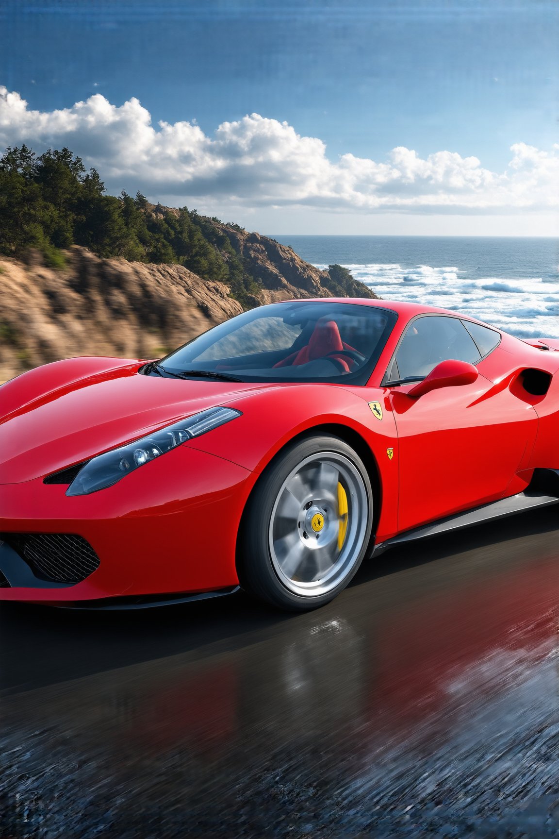 ((Ultra-realistic)) photo of Ferrari designed by Leonardo Fioravanti,Concept car,Sports car,Red color,shiny spinning wheels,glossy silver alloy rims,bright turned on head lights,driver silhouette,driving at high speed,(backdrop of Detailed Realistic California coast freeway 101,ocean view,rock,hill,bird,cloud,puddles,tree, sky,cloud,cluttered maximalism),depth of perspective,vehicle focus,sports car,(wide shot)
BREAK
sharp focus,high contrast,studio photo,trending on artstation,rule of thirds,perfect composition,(Hyper-detailed,masterpiece,best quality,UHD,HDR,32K,shiny, glossy,reflective,kodachrome 800:1.3), ek_photo_b00ster,ek_car_b00ster