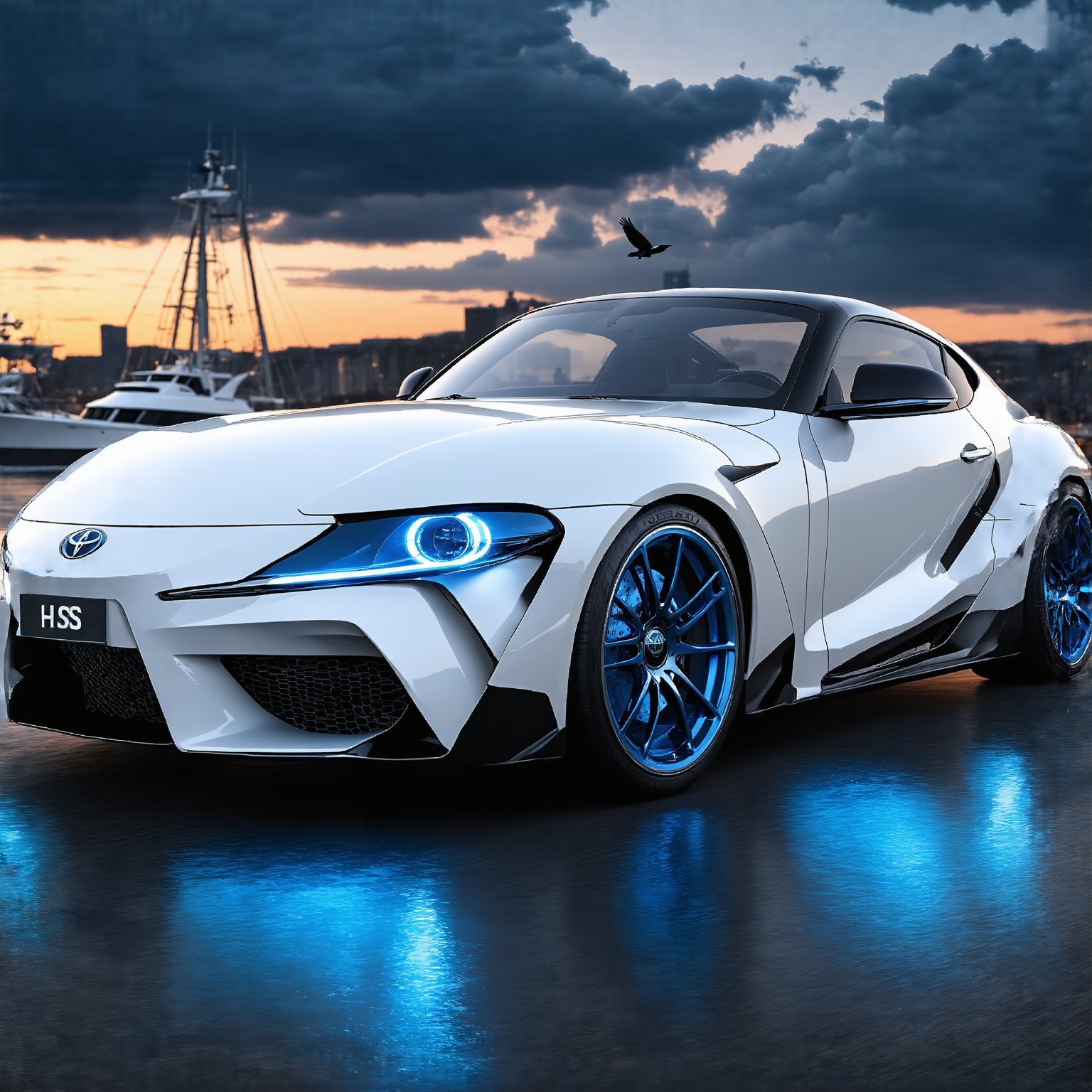 ((Ultra-realistic)) photo of Toyota Supra 2025,White color,shiny spinning wheels,glossy Blue alloy rims with silver edge,bright turned on head lights,(Detailed Realistic harbor city with pcean view backdrop,boat,bird,cloud),dark:1.3,depth of perspective, vehicle focus,(wide shot) BREAK sharp focus,high contrast,studio photo,trending on artstation,rule of thirds,perfect composition,(Hyper-detailed,masterpiece, best quality,UHD,HDR,32K,shiny,glossy,reflective, kodachrome 800:1.3),ek_photo_b00ster,ek_car_b00ster