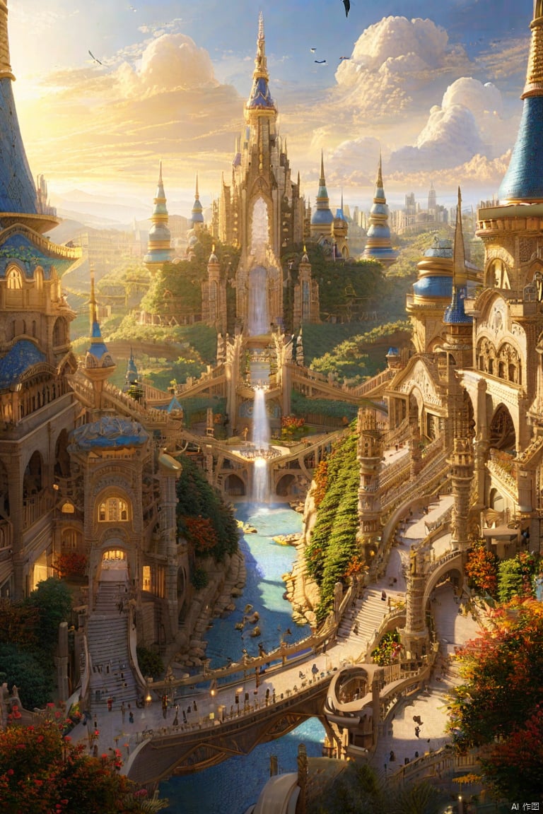 A whimsical architectural landscape: A fantastical cityscape with intricately designed buildings and winding streets, bathed in warm golden light. Towering spires and grand arches stretch towards the sky, while lush greenery and vibrant flowers spill from ornate balconies. The composition is symmetrical, with a central fountain serving as a focal point, surrounded by statues of mythical creatures.