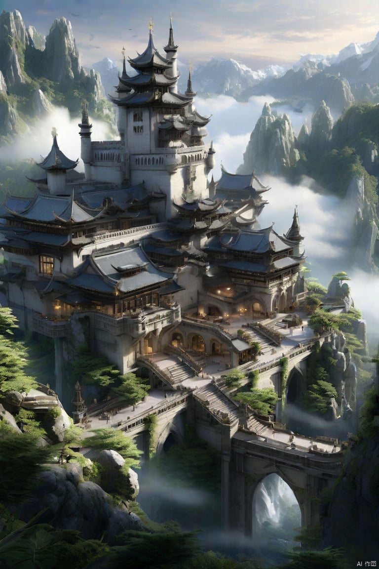 A majestic, ancient-style fantasy architecture landscape: a sprawling, intricately carved palace emerges from a misty mountain valley, its turrets and spires reaching towards the cloudy sky. Soft, ethereal lighting casts a warm glow on the weathered stone walls, while lush greenery and wispy vines wrap around the structure's nooks and crannies.