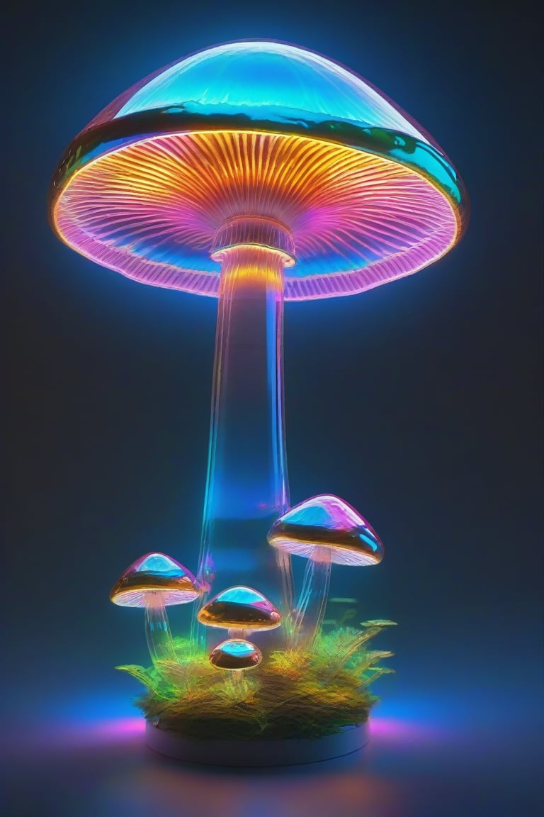 Ap0l0gr4ph1c, holographic, mushroom, colorful, glowing, illumination, iridescent, photo \(object\), reflection, shadow, simple background, translucent