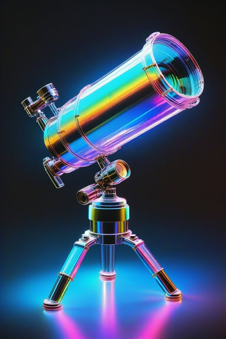 Ap0l0gr4ph1c, holographic, telescope, colorful, glowing, illumination, iridescent, photo \(object\), reflection, shadow, simple background, translucent