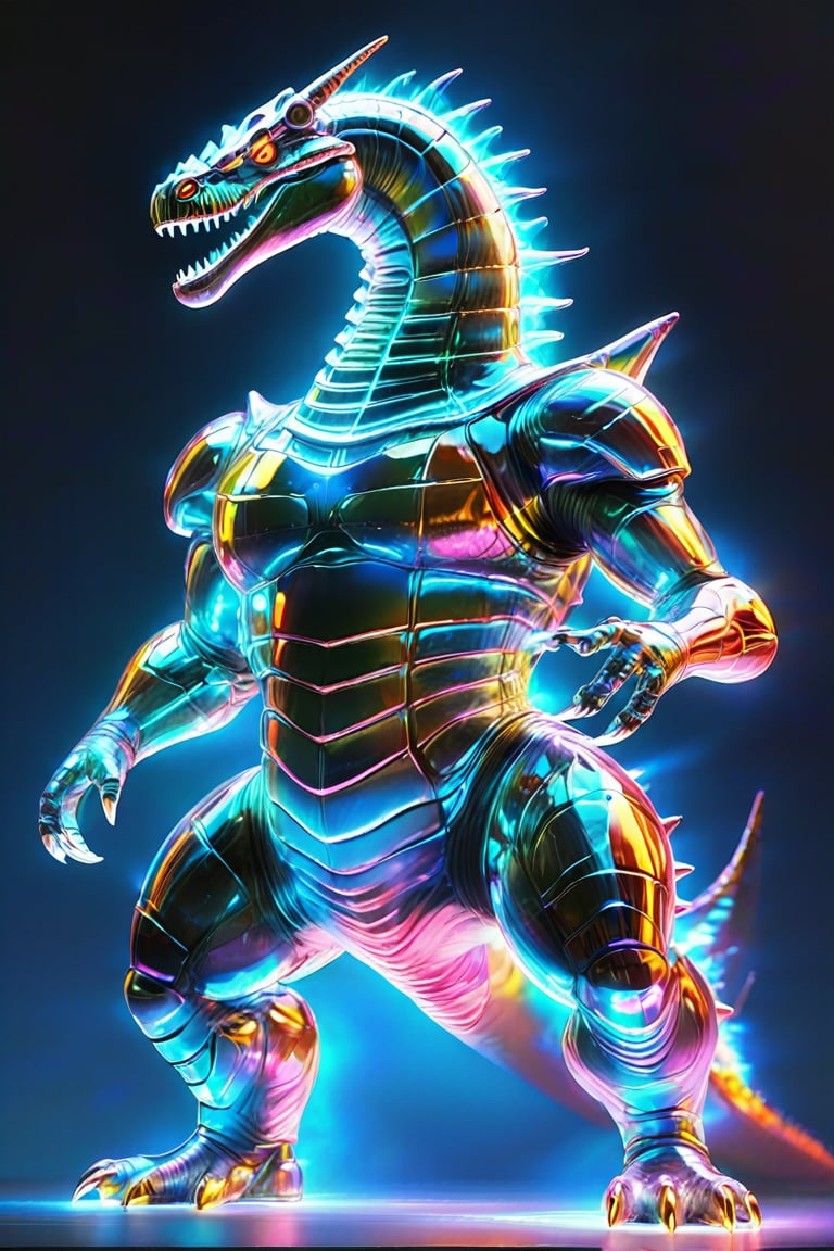 A photorealistic illustration of a giant godzilla, iridescent, translucent, hollow body, epic composition, Ap0l0gr4ph1c