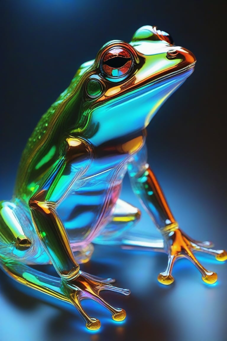 Ap0l0gr4ph1c, holographic, frog, colorful, glowing, illumination, iridescent, photo \(object\), reflection, shadow, simple background, translucent