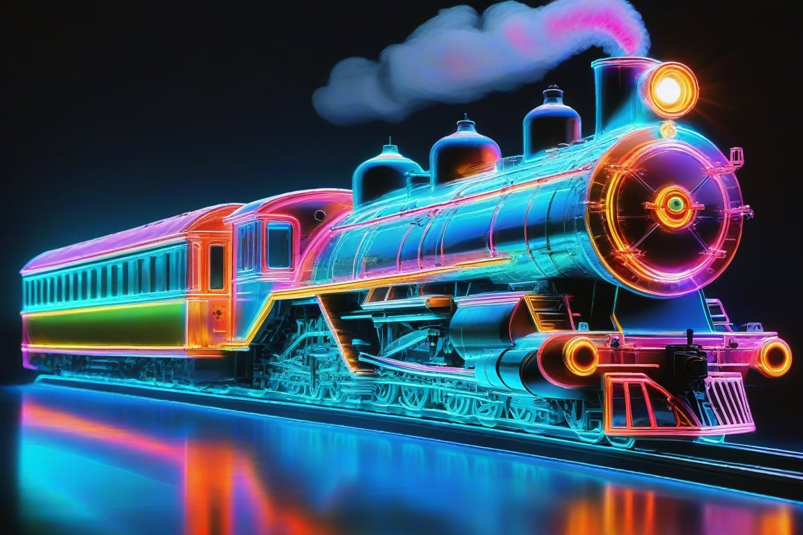 Ap0l0gr4ph1c, holographic, locomotive, steam, colorful, glowing, illumination, iridescent, photo \(object\), reflection, shadow, simple background, translucent