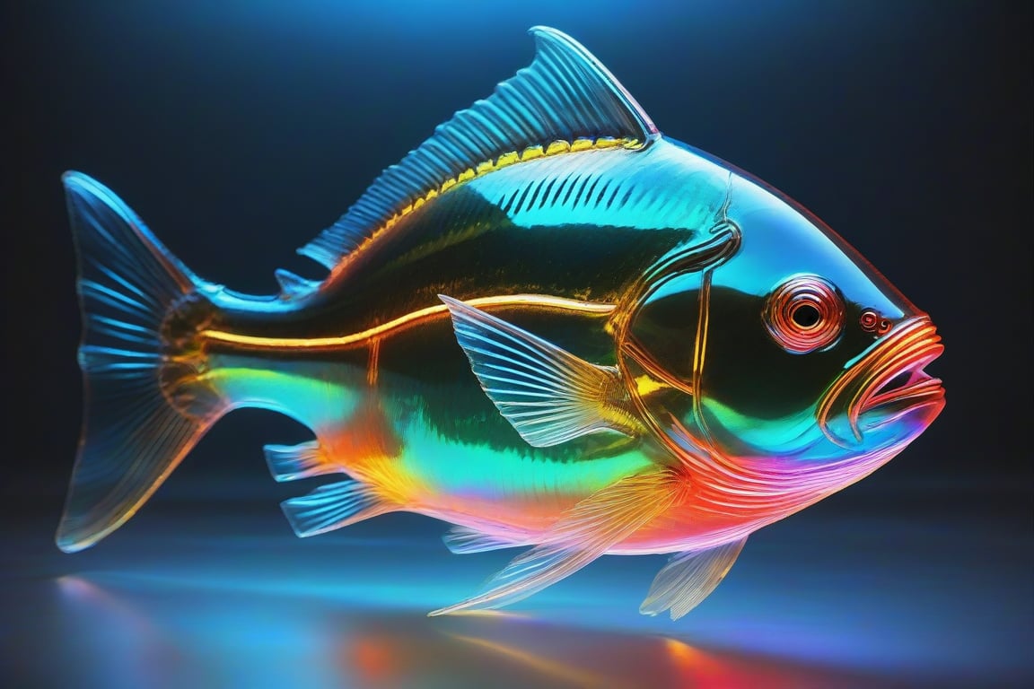 Ap0l0gr4ph1c, holographic, piranha \(fish\), colorful, glowing, illumination, iridescent, photo \(object\), reflection, shadow, simple background, translucent