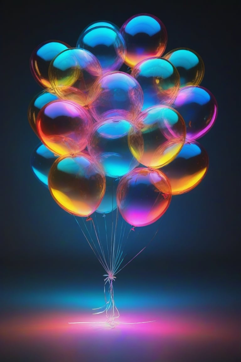 Ap0l0gr4ph1c, holographic, balloon, colorful, glowing, illumination, iridescent, photo \(object\), reflection, shadow, simple background, translucent