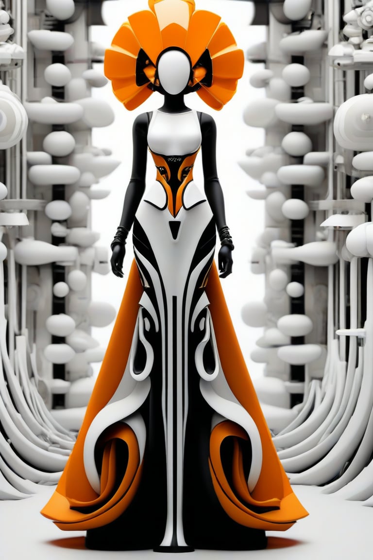 ma black and white, futuristic woman in an orange dress, in the style of highly stylized figures, cybergoth, naoto hattori, 8k 3d, botticelli-esque figures, shiny/glossy, luminescent color scheme, S0ul0fsc1f1