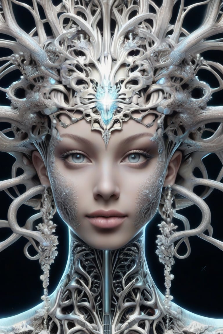 detailed realistic beautiful silver neuron face portrait by jean delville, gustave dore, iris van herpen and marco mazzoni, art forms of nature by ernst haeckel, art nouveau, symbolist, visionary, gothic, neo - gothic, pre - raphaelite, fractal lace, intricate alien botanicals, biodiversity, surreality, hyperdetailed ultrasharp octane render, S0ul0fsc1f1