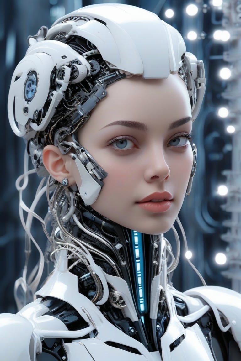 complex 3d render ultra detailed of a beautiful porcelain profile woman android face, cyborg, robotic parts, 150 mm, beautiful studio soft light, rim light, vibrant details, luxurious cyberpunk, lace, hyperrealistic, anatomical, facial muscles, cable electric wires, microchip, elegant, beautiful background, octane render, H.R. Giger style, 8k, S0ul0fsc1f1