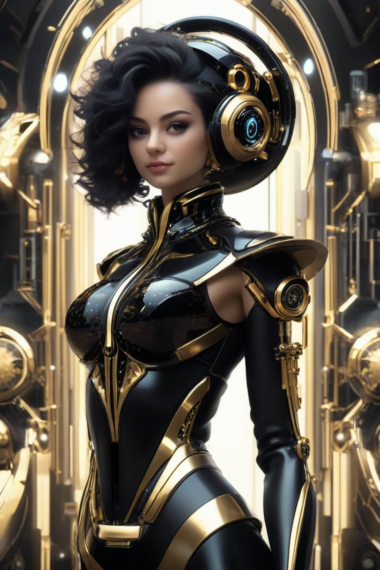 high tech futuristic female in futuristic outfit 3d illustration, in the style of black and gold, dreamlike portraiture, hans zatzka, 8k resolution, matte photo, mechanized precision, S0ul0fsc1f1