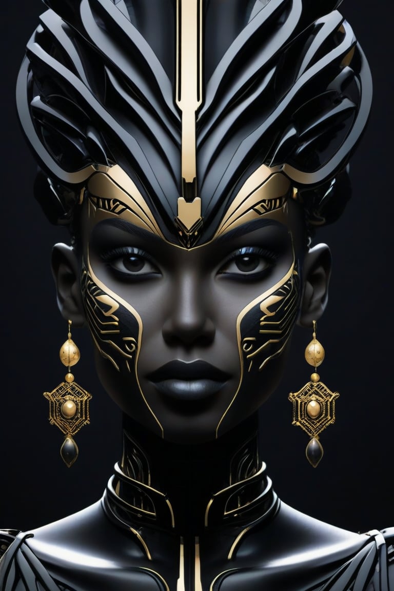 a black and Dark Gold tribal face with Tribal on it, in the style of futuristic space elements Scorn glamour, animated gifs, stefan gesell, algorithmic artistry, android jones, tim hildebrandt, pop art with a dark sine of the moon Scorn Hr Giger, S0ul0fsc1f1