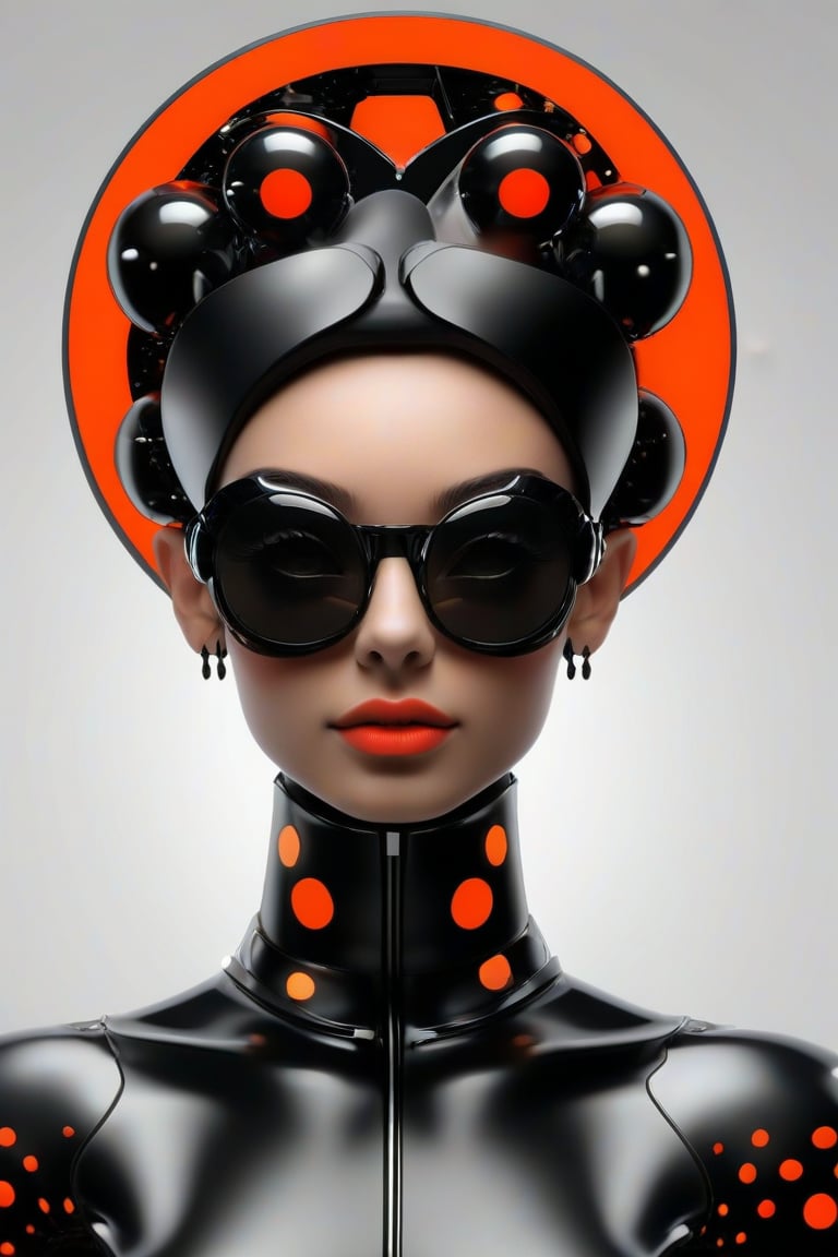 a woman wears and wears black dots on her head, in the style of futuristic fantasy, 3d, metallic sculpture, elegant, emotive faces, dark Orange and red and light silver,her eyes wearin a futuristic sun glasses algorithmic artistry, high resolution, S0ul0fsc1f1