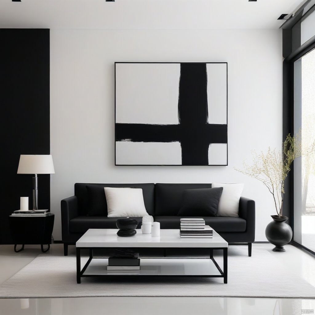 simple style,interior design,This is a modern minimalist style living room picture. There is a black sofa in the living room with several pillows on it. There is a white tea table next to the sofa. There is a lamp and several books on the tea table. There is a black and white abstract painting on the wall. The living room is adjacent to another space,separated by a glass door,and you can see the sink,toilet and other facilities inside. The color of the whole room is mainly white and gray,giving people a simple and comfortable feeling.,简约风格,室内设计