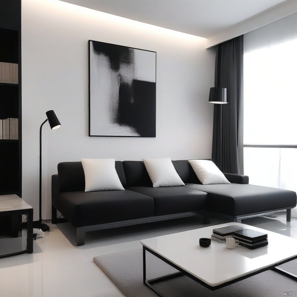 simple style,interior design,This is a modern minimalist style living room picture. There is a black sofa in the living room with several pillows on it. There is a white tea table next to the sofa. There is a lamp and several books on the tea table. There is a black and white abstract painting on the wall. The living room is adjacent to another space,separated by a glass door,and you can see the sink,toilet and other facilities inside. The color of the whole room is mainly white and gray,giving people a simple and comfortable feeling.,简约风格,室内设计