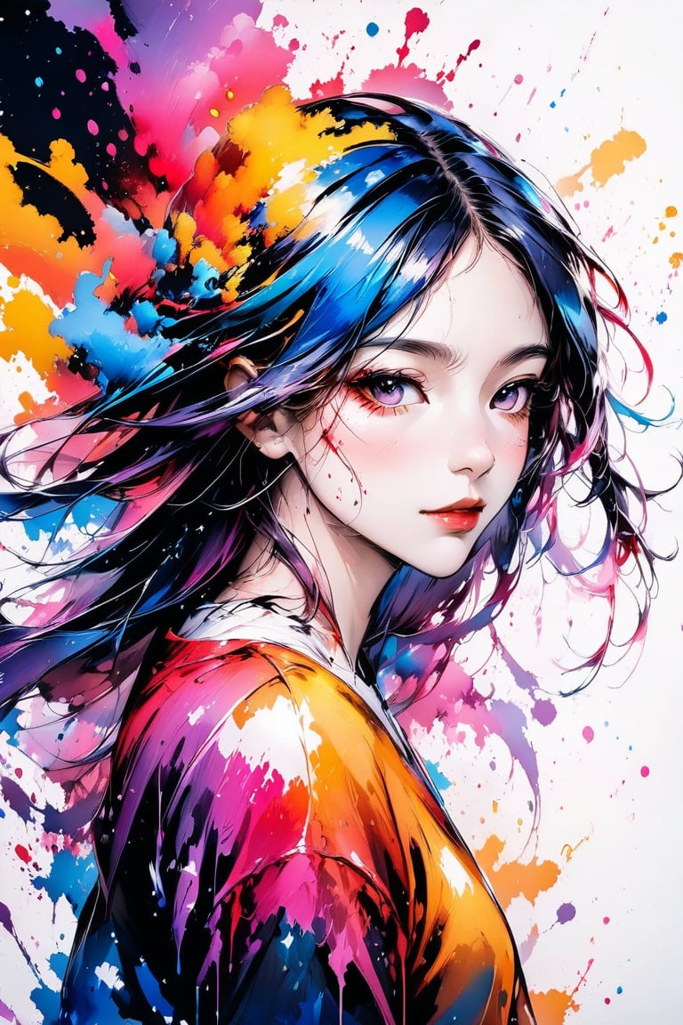 A very beautiful girl, white background, ink brushstrokes in background mastepiece quality, stunning image, looking at viewer, anime girl, colorful, Ink art style.