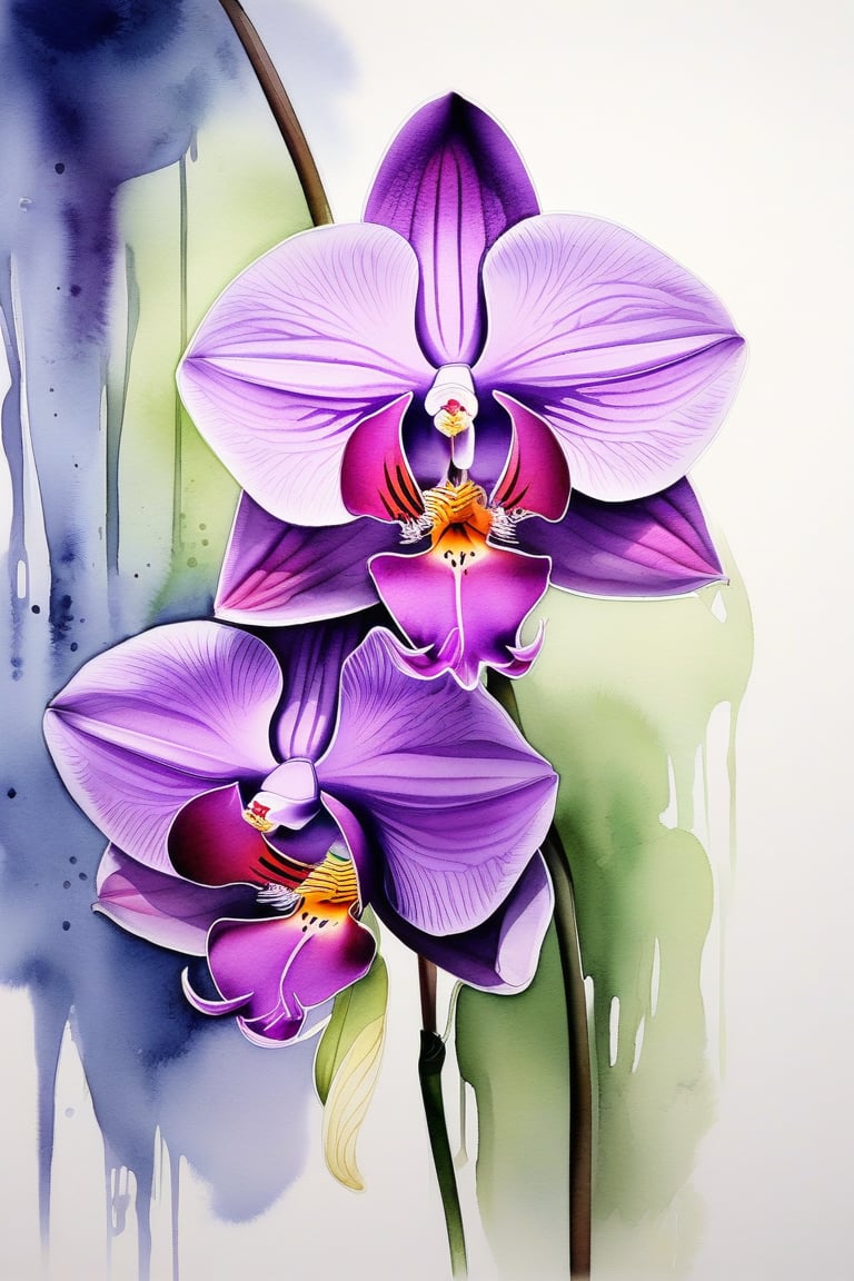 one purple orchid, from side, flower, stunning image, minimalism, ink, watercolor, Ink art style.