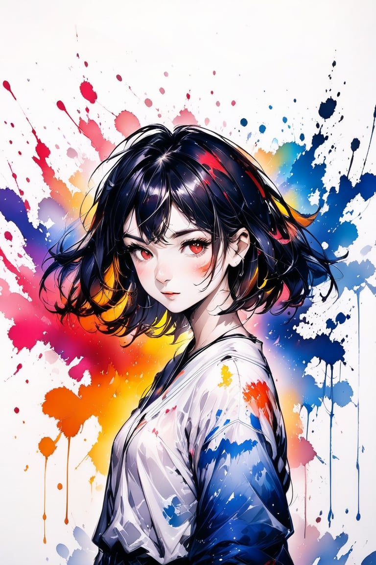 A very beautiful girl, white background, ink brushstrokes in background mastepiece quality, stunning image, looking at viewer, anime girl, colorful, Ink art style.