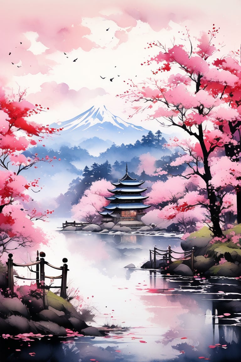 Very beautiful and imponent landscape, sakura trees, brushtrokes in background, sumi-e art painting, Ink art style