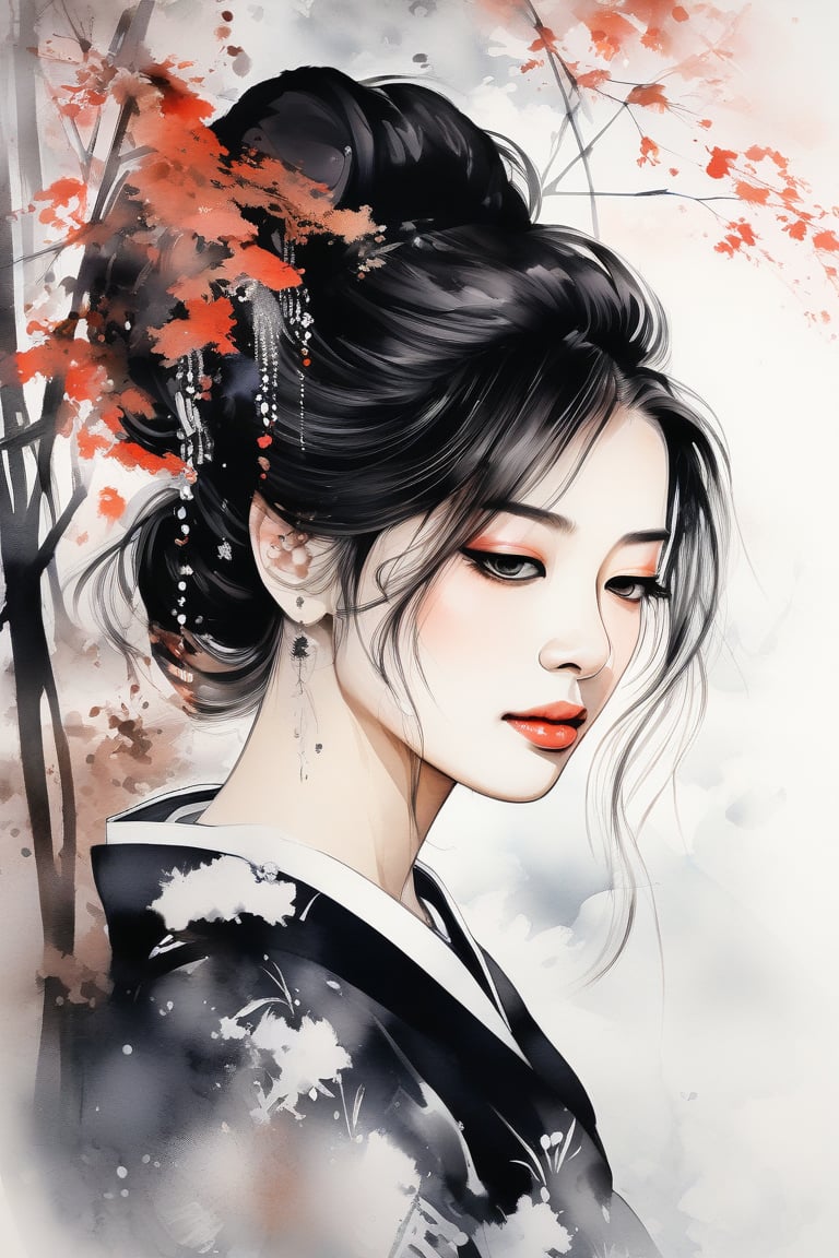 Very beautiful and elegant girl in kimono, close-up, sumi-e art, brushstrokes, sumi-e forest in background, attractive asian makeup, Ink art style