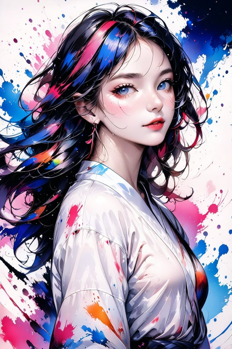 A very beautiful girl, white background, ink brushstrokes in background mastepiece quality, stunning image, looking at viewer, anime girl, colorful, Ink art style.