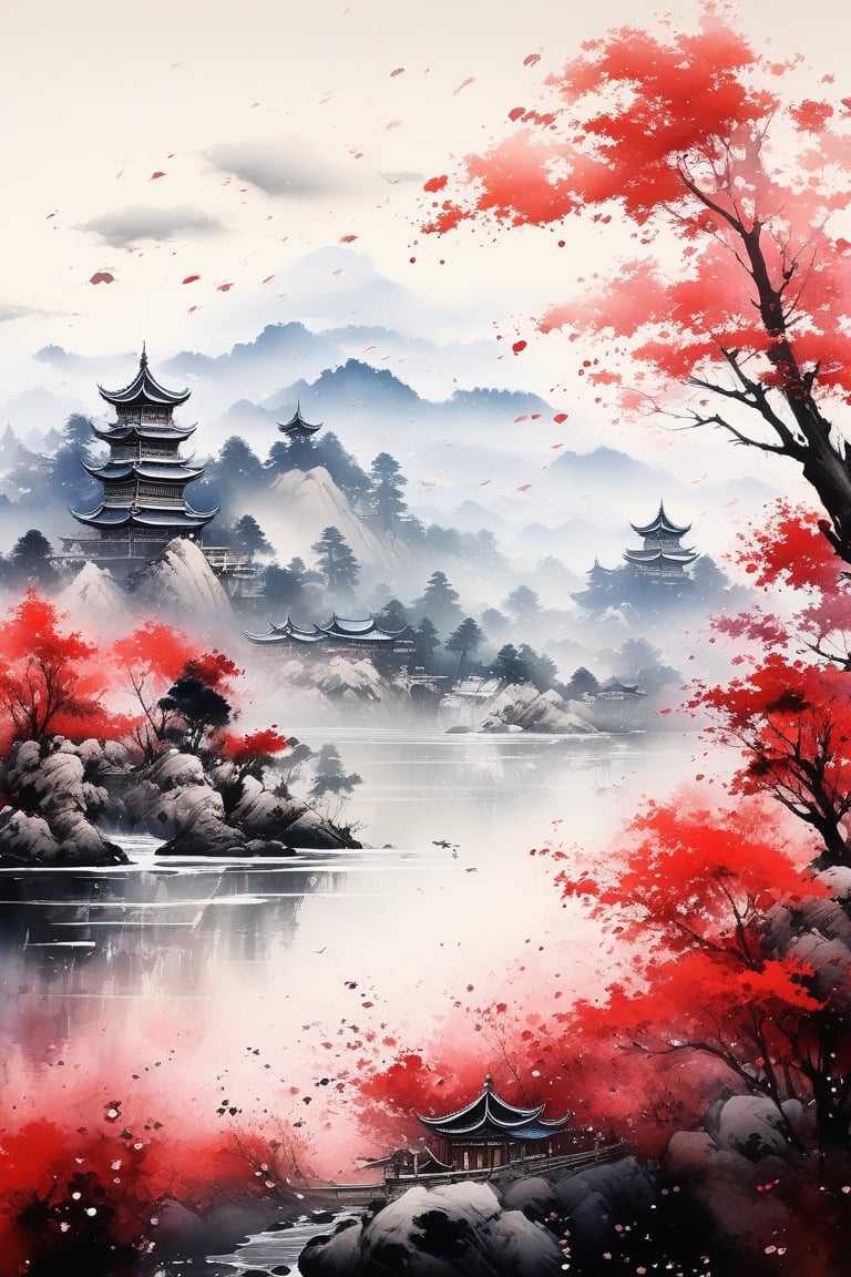 Very beautiful and imponent landscape, brushtrokes in background, sumi-e art painting, Ink art style