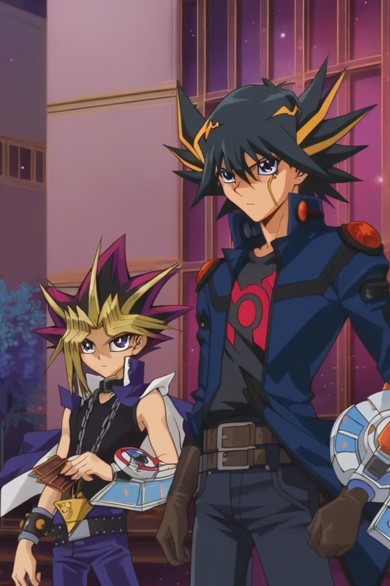 score_9, score_8_up, score_7_up, score_6_up, masterpiece, best quality, amazing quality, best aesthetic, absurdres, intricate details, detailed face,source_anime, atem, purple eyes, blonde hair, purple hair, yusei fudo, black hair, blue eyes, blonde hair, 2boys, duel disk, multiple boys, multicolored hair, male focus, card, dyed bangs, jacket, bangs, spiked hair, belt, shirt, holding card, black shirt, blue jacket, open clothes, holding, gloves, pants, closed mouth, chain, school uniform, jewelry<lora:EMS-439760-EMS:1.000000>