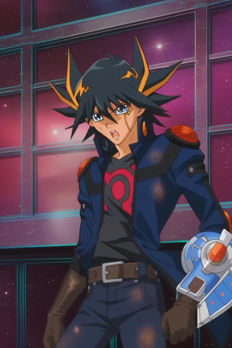 score_9, score_8_up, score_7_up, score_6_up, masterpiece, best quality, amazing quality, best aesthetic, absurdres, intricate details, detailed face,source_anime, yusei fudo, black hair, blue eyes, 1boy, male focus, solo, multicolored hair, duel disk, open mouth, belt, pants, card, space, injury, gloves, spiked hair, streaked hair, 1boy, dark blue jacket, 1boy, facial mark<lora:EMS-439760-EMS:1.000000>