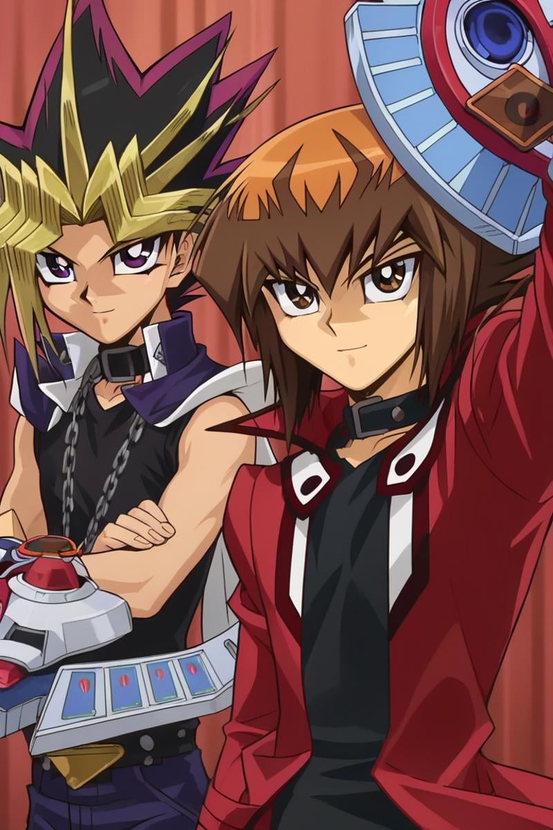 score_9, score_8_up, score_7_up, score_6_up, masterpiece, best quality, amazing quality, best aesthetic, absurdres, intricate details, detailed face,source_anime, atem, purple eyes, blonde hair, purple hair, jaden yuki, brown hair, brown eyes, 2boys, multiple boys, duel disk, male focus, holding, bangs, multicolored hair, jacket, card, chain, holding card, shirt, black shirt, closed mouth, duel academy uniform (yu-gi-oh! gx), spiked hair, dyed bangs, red jacket, looking at viewer, open clothes, upper body, black hair, collar, smile, school uniform, sleeveless, open jacket<lora:EMS-439760-EMS:1.000000>