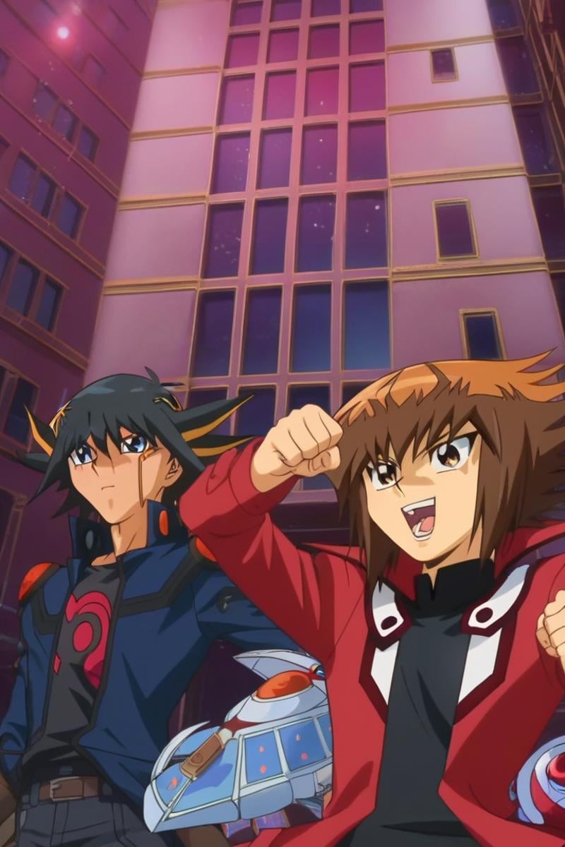 score_9, score_8_up, score_7_up, score_6_up, masterpiece, best quality, amazing quality, best aesthetic, absurdres, intricate details, detailed face,source_anime, jaden yuki, brown hair, brown eyes, yusei fudo, black hair, blue eyes, blonde hair, jacket, 2boys, multiple boys, duel academy uniform (yu-gi-oh! gx), male focus, multicolored hair, parody, duel disk, open clothes, spiked hair, smile, school uniform, bangs, open mouth, black shirt, two-tone hair, open jacket, card, clenched hands, long sleeves, shirt<lora:EMS-439760-EMS:1.000000>