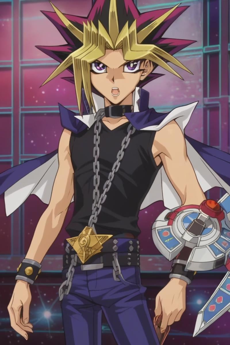 score_9, score_8_up, score_7_up, score_6_up, masterpiece, best quality, amazing quality, best aesthetic, absurdres, intricate details, detailed face,source_anime, atem, blonde hair, purple hair, 1boy, male focus, duel disk, dyed bangs, open mouth, bangs, card, spiked hair, belt, multicolored hair, solo, pants, shirt, jacket on shoulders, jewelry, teeth, sleeveless, chain, black shirt, sleeveless shirt<lora:EMS-439760-EMS:1.000000>