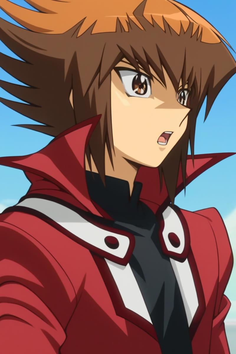 score_9, score_8_up, score_7_up, score_6_up, masterpiece, best quality, amazing quality, best aesthetic, absurdres, intricate details, detailed face,source_anime, jaden yuki, brown hair, brown eyes, red jacket, 1boy, male focus, solo, duel academy uniform (yu-gi-oh! gx), open mouth, jacket, black shirt, shirt, bangs, from side, upper body, hair between eyes, parody<lora:EMS-439760-EMS:1.000000>