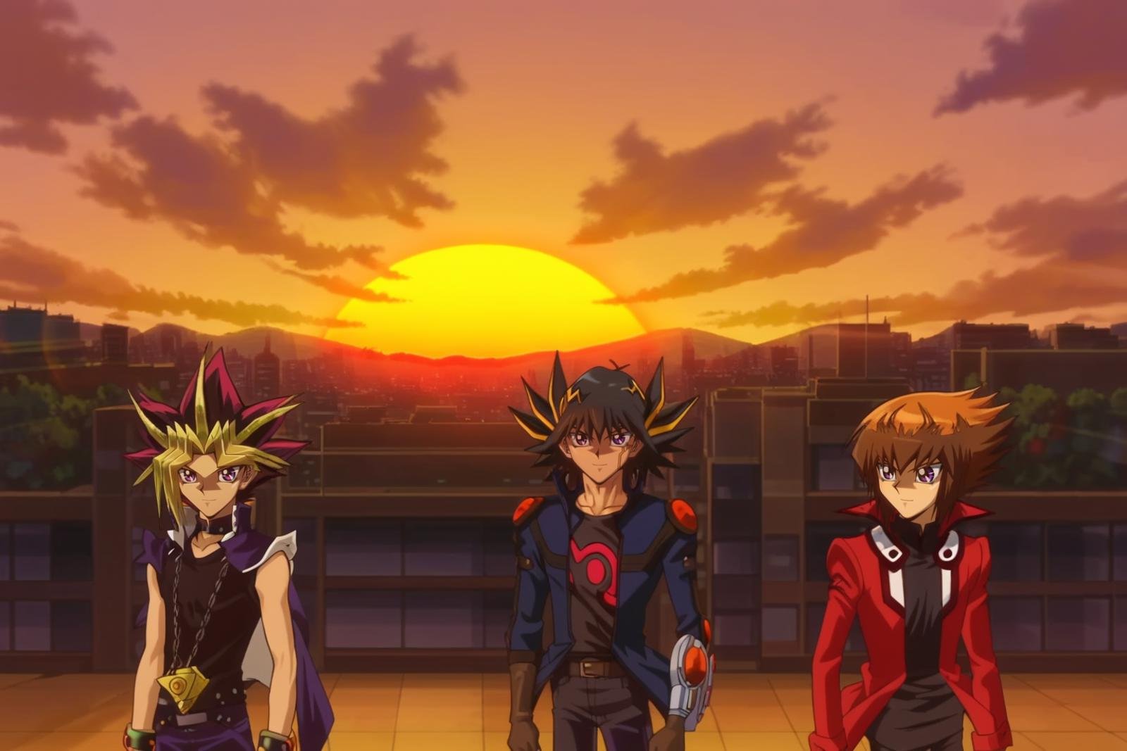 score_9, score_8_up, score_7_up, score_6_up, masterpiece, best quality, amazing quality, best aesthetic, absurdres, intricate details, detailed face,source_anime, 3boys, multiple boys, BREAK atem, purple eyes, blonde hair, purple hair, BREAK jaden yuki, brown hair, brown eyes, BREAK yusei fudo, black hair, blue eyes, multicolored hair, male focus, dyed bangs, male focus, duel academy uniform (yu-gi-oh! gx), spiked hair, sunset, multicolored hair, sky, cloud, bangs, pants, jacket, building, school uniform, standing, outdoors, city, cityscape, smile, upper body<lora:EMS-439760-EMS:1.000000>