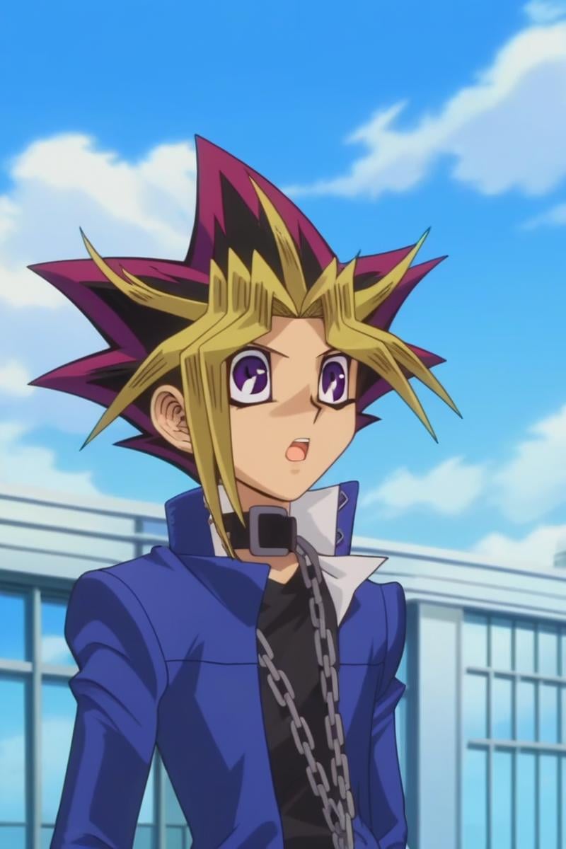 score_9, score_8_up, score_7_up, score_6_up, masterpiece, best quality, amazing quality, best aesthetic, absurdres, intricate details, detailed face,source_anime, yugi_muto, purple eyes, blonde hair, purple hair, blue jacket, cute, male focus, 1boy, solo, dyed bangs, collar, chain, multicolored hair, anime coloring, bangs, spiked hair, sky, open mouth, day, cloud, building, jacket, outdoors, official style, parody, upper body, school uniform, shirt, blue sky<lora:EMS-439760-EMS:1.000000>