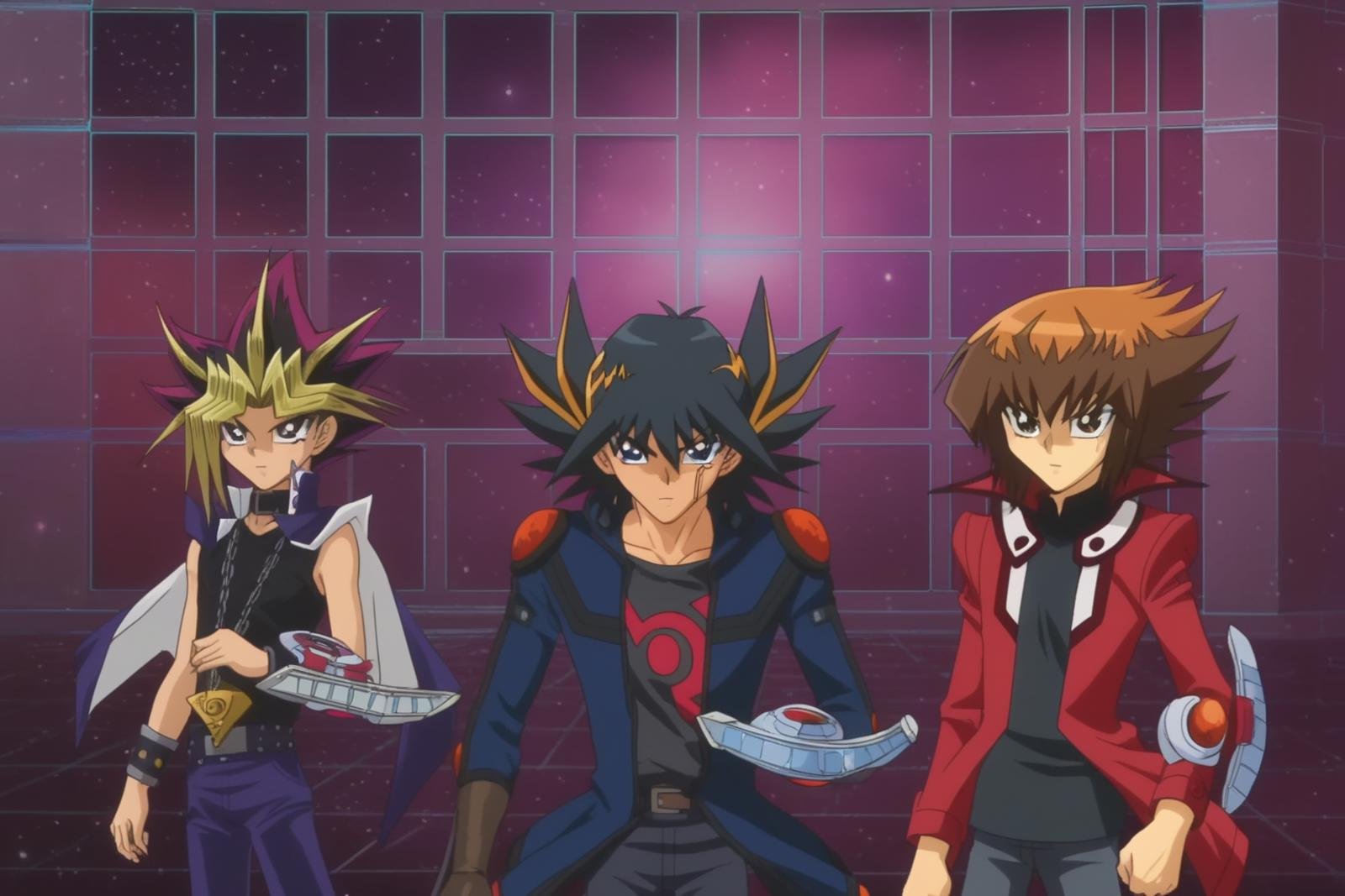 score_9, score_8_up, score_7_up, score_6_up, masterpiece, best quality, amazing quality, best aesthetic, absurdres, intricate details, detailed face,source_anime, BREAK atem, purple eyes, blonde hair, purple hair, BREAK jaden yuki, brown hair, brown eyes, BREAK yusei fudo, black hair, blue eyes, 3boys, multiple boys, multicolored hair, male focus, bangs, duel academy uniform (yu-gi-oh! gx), spiked hair, , parody, dyed bangs, jacket, two-tone hair, style parody, closed mouth, looking at viewer, hair between eyes, serious, space, duel disk, chain, collar<lora:EMS-439760-EMS:1.000000>