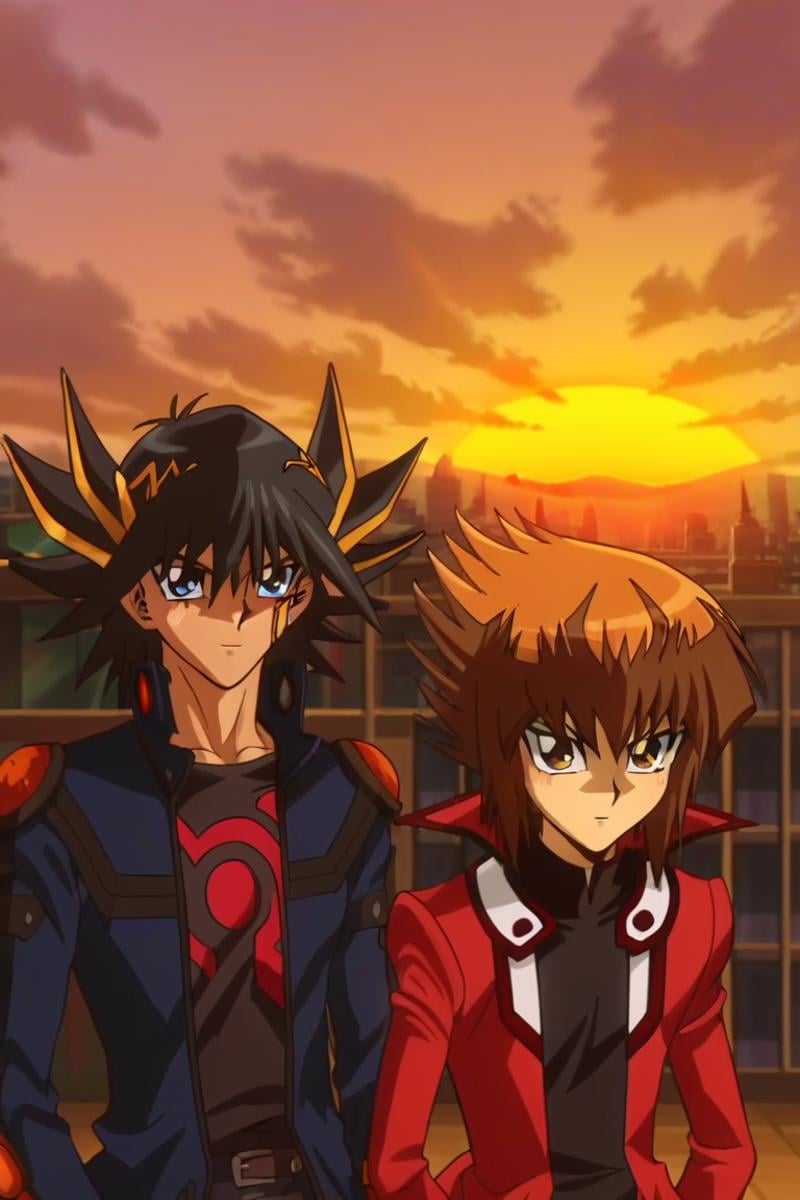 score_9, score_8_up, score_7_up, score_6_up, masterpiece, best quality, amazing quality, best aesthetic, absurdres, intricate details, detailed face,source_anime, jaden yuki, brown hair, brown eyes, yusei fudo, black hair, blue eyes,jacket, 2boys, multiple boys, male focus, multicolored hair, duel academy uniform (yu-gi-oh! gx), spiked hair, open clothes, bangs, black shirt, open jacket, hair between eyes, upper body, shirt, two-tone hair, sunset, long sleeves, outdoors, red jacket, parody, building<lora:EMS-439760-EMS:1.000000>