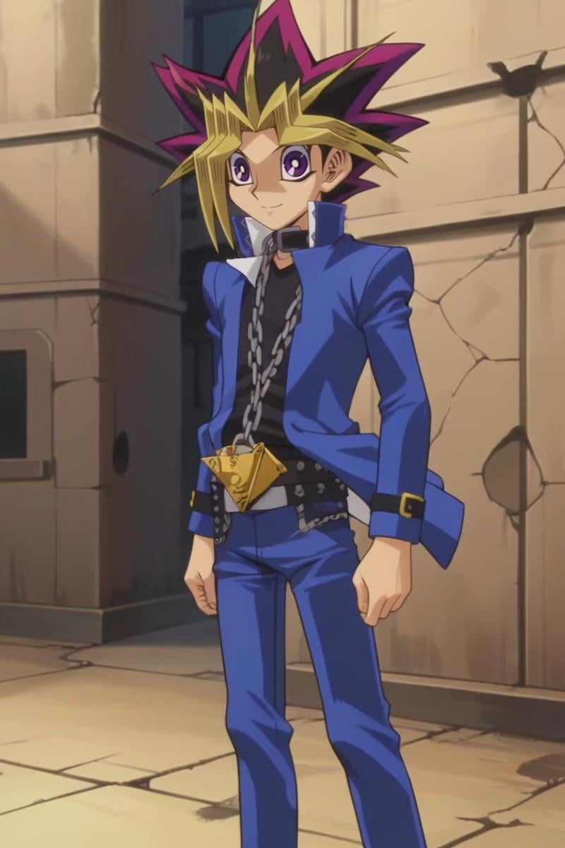 score_9, score_8_up, score_7_up, score_6_up, masterpiece, best quality, amazing quality, best aesthetic, absurdres, intricate details, detailed face,source_anime, yugi_muto, purple eyes, blonde hair, purple hair, blue jacket, cute, 1boy, male focus, dyed bangs, spiked hair, bangs, pants, multicolored hair, blue pants, jacket, belt, chain, solo, long sleeves, school uniform, shirt, outdoors,black shirt, ruins, jewelry, standing, open clothes, smile<lora:EMS-439760-EMS:1.000000>