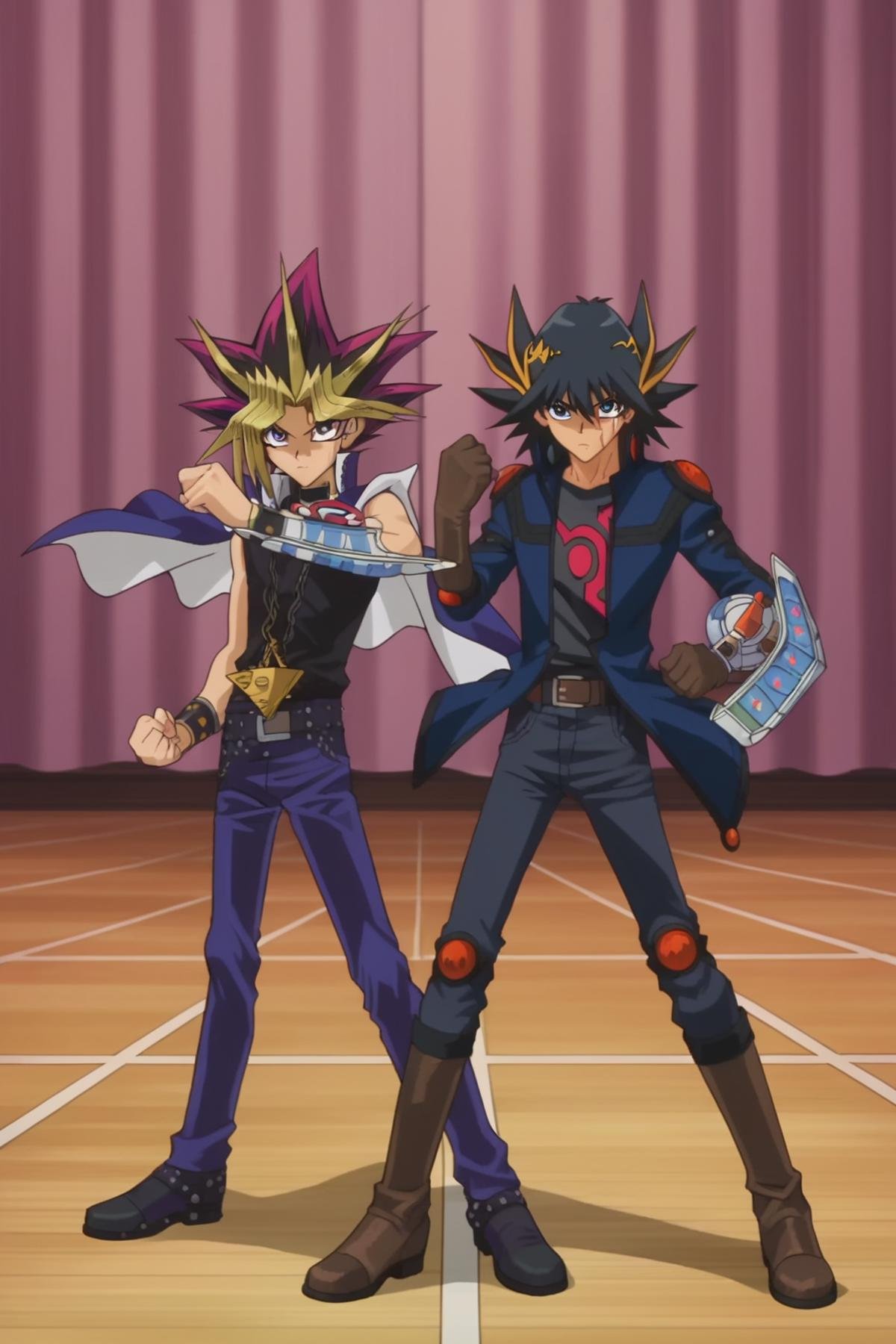 score_9, score_8_up, score_7_up, score_6_up, masterpiece, best quality, amazing quality, best aesthetic, absurdres, intricate details, detailed face,source_anime, atem, purple eyes, blonde hair, purple hair, yusei fudo, black hair, blue eyes, blonde hair, 2boys, multiple boys, duel disk, multicolored hair, male focus, spiked hair, pants, bangs, belt, parody, dyed bangs, jacket, holding, standing, card, holding card, boots, clenched hand, closed mouth, legs apart, blue jacket<lora:EMS-439760-EMS:1.000000>