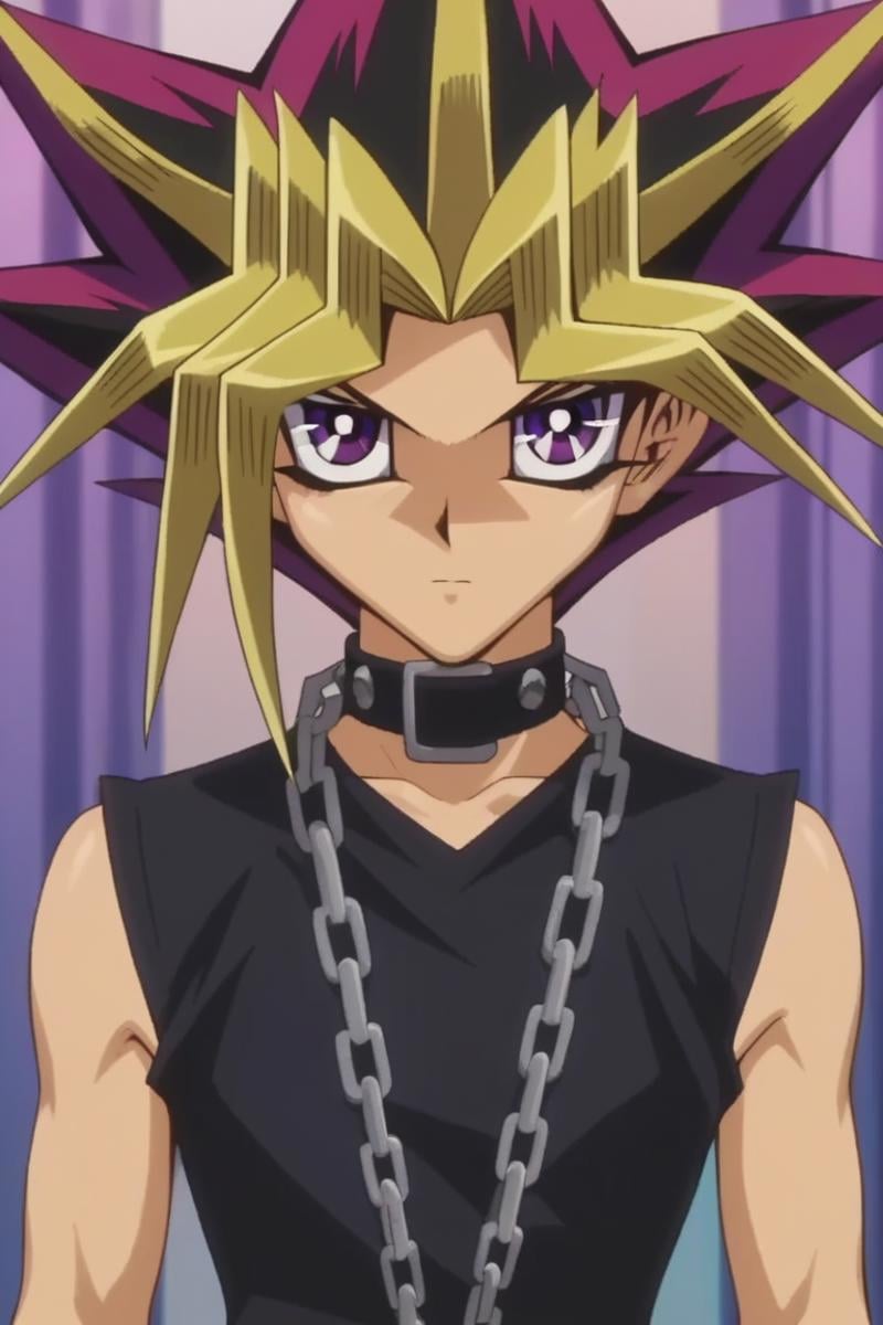 score_9, score_8_up, score_7_up, score_6_up, masterpiece, best quality, amazing quality, best aesthetic, absurdres, intricate details, detailed face,source_anime, atem, blonde hair, purple hair, 1boy, male focus, solo, dyed bangs, purple eyes, shirt, bangs, multicolored hair, chain, spiked hair, closed mouth, black shirt, collar, jewelry, upper body, sleeveless, looking at viewer, necklace<lora:EMS-439760-EMS:1.000000>