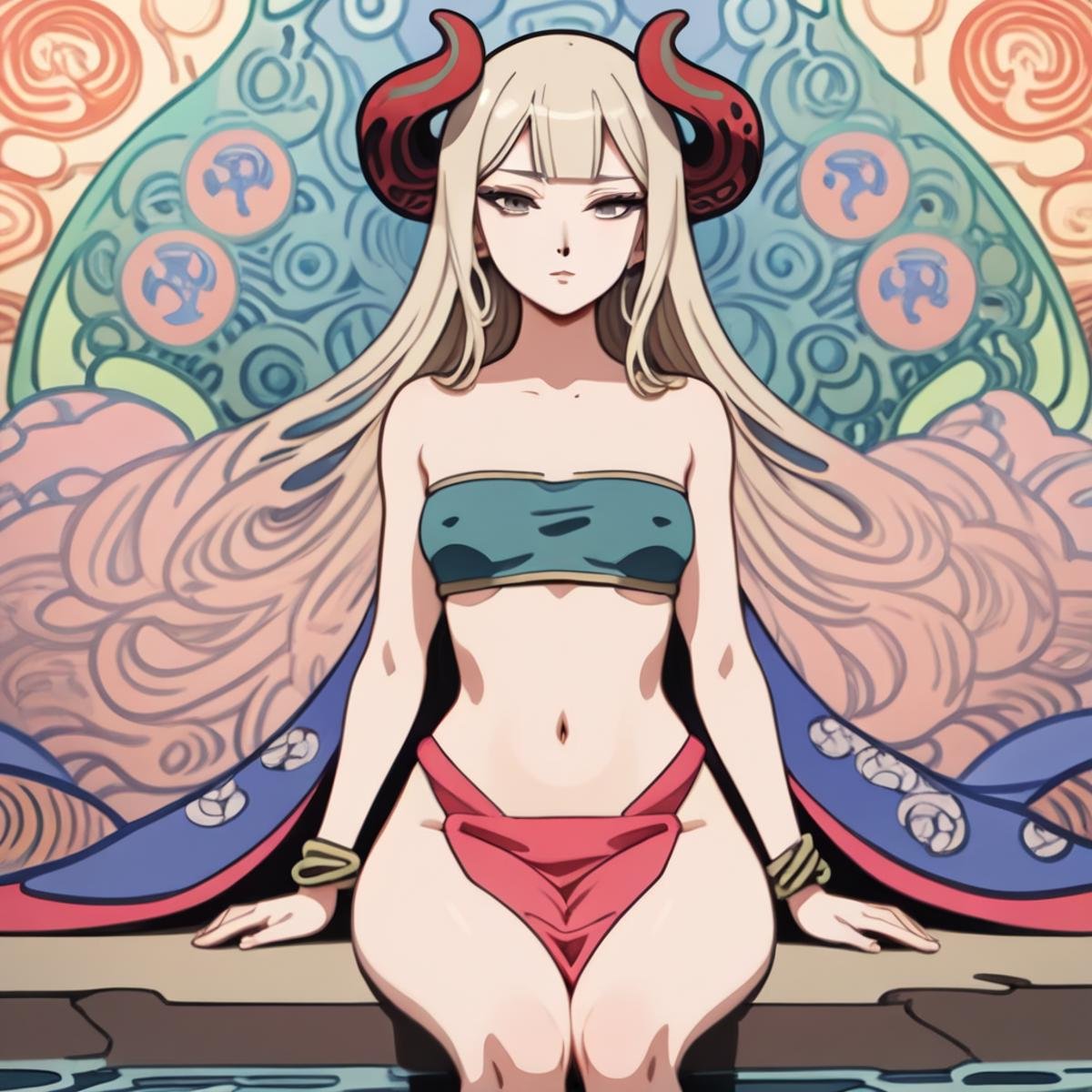 core_9, score_8_up, score_7_up, ultra detailed, Excellent quality, high resolution, close view, 1girl 5.4M ? bandeau 18k ? blunt bangs 251k ? bracelet 165k ? breasts 3.1M ? grey eyes 151k ? horns 406k ? jewelry 903k ? long hair 3.9M ? looking at viewer 2.9M ? navel 1.0M ? pelvic curtain 44k ? seiza 34k ? sitting 838k ? small breasts 443k ? solo 4.5M ? stomach 234k ? strapless 135k ? thighs 501k ? tube top 15k ? water 201k,  UKIYO, MUCHA, ANIME