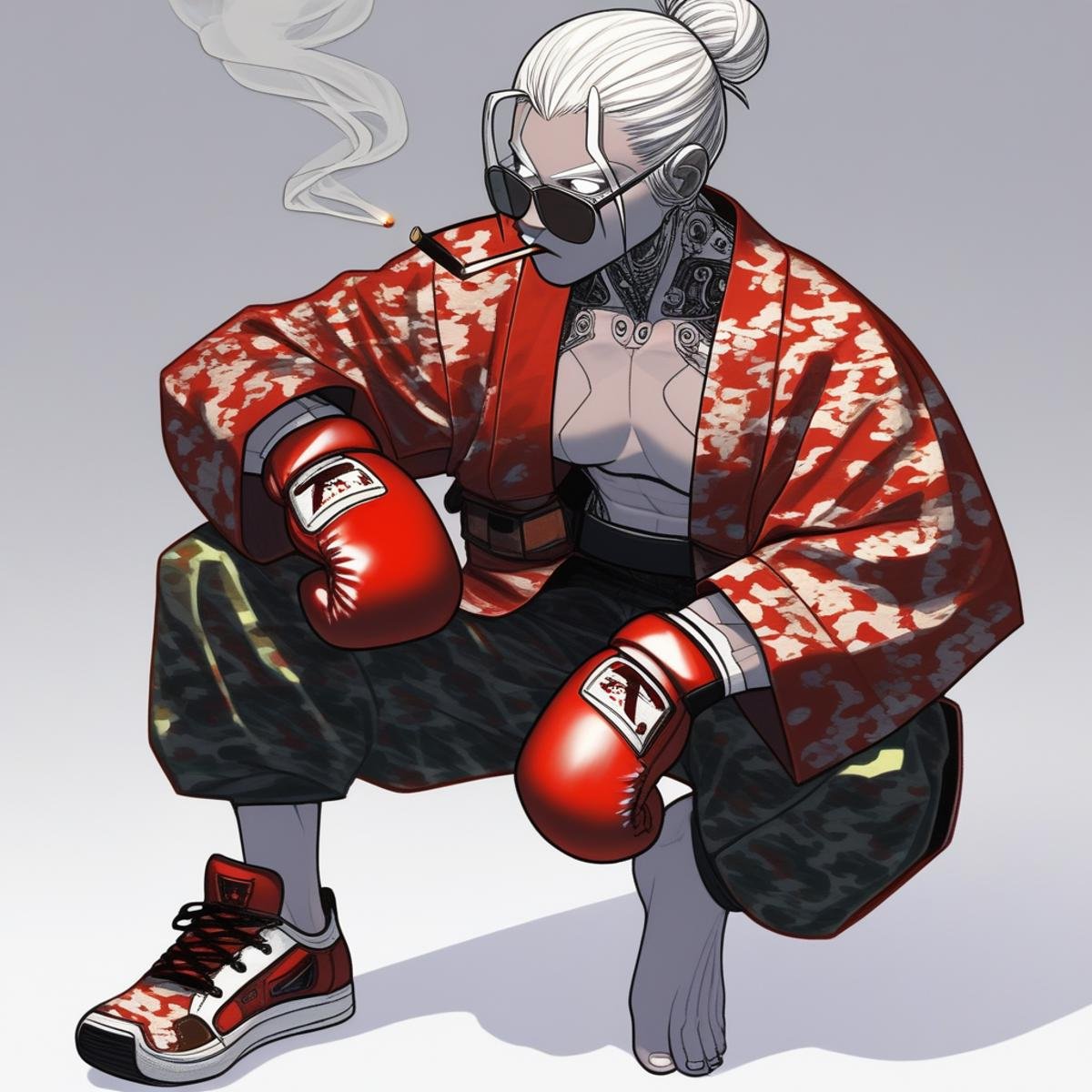 camouflage, sneakers, single hair bun, white eyes, smoking pipe, boxing gloves, science fiction, cigarette, barefoot, tinted eyewear, red kimono