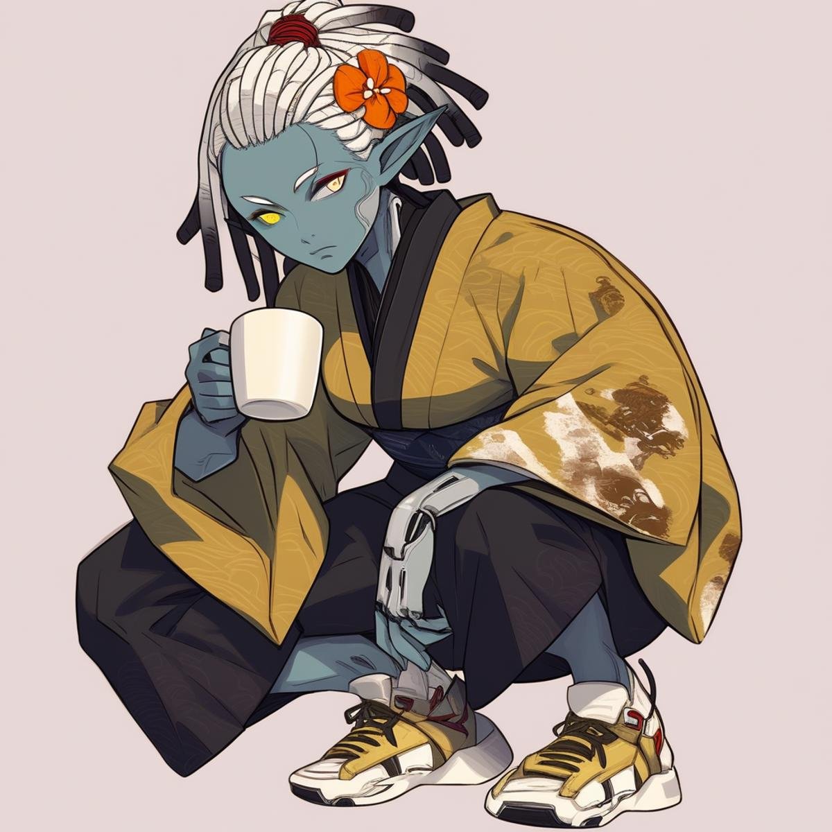 1girl, simple background, pointy ears, hair flower, japanese clothes, heterochromia, short hair, cup, yellow eyes, sneakers, dreadlocks