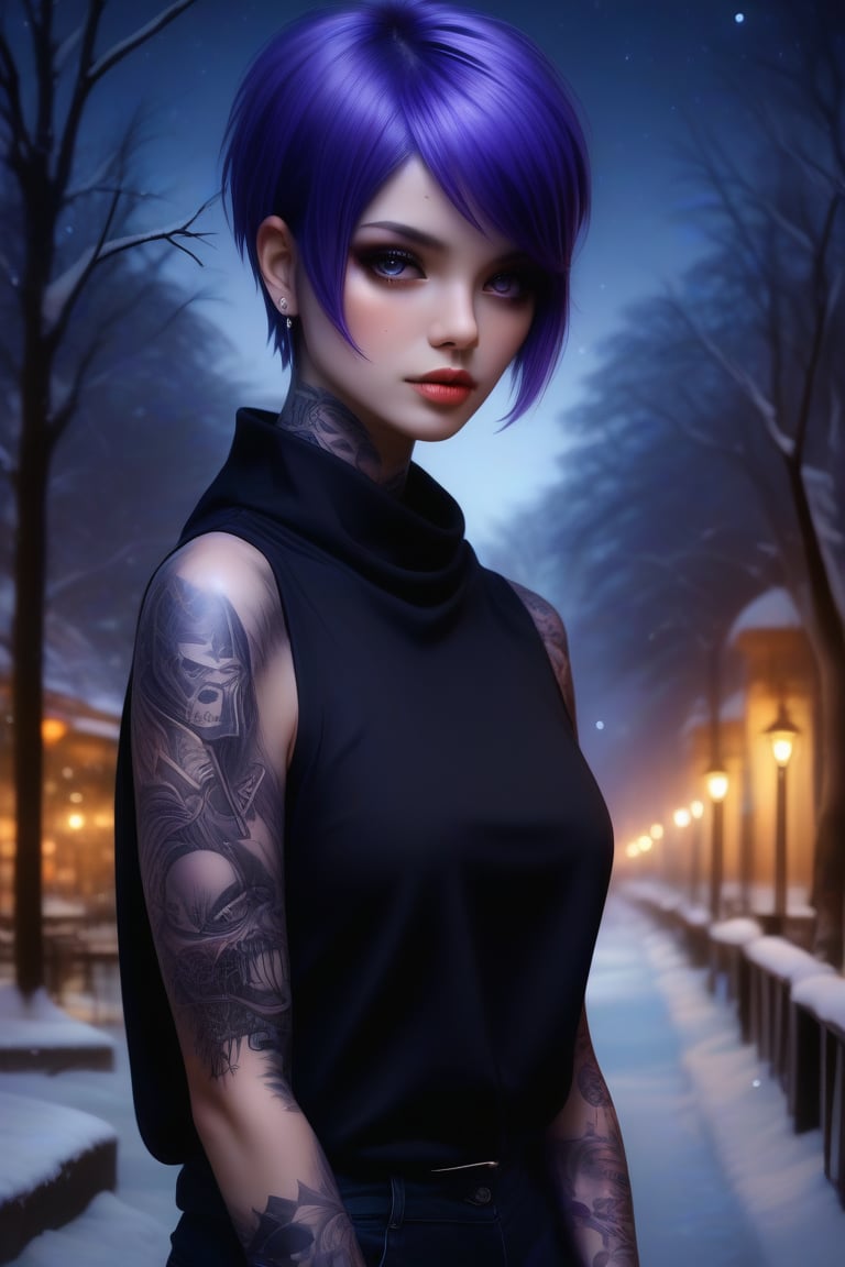 A photorealistic oil illustration of a beautiful goth female, sad eyes, lonely, sharp bobcut, purple hair, arm tatoo, epic composition, realistic, evening, bokeh lights, winter background, AAp41nt3dladies