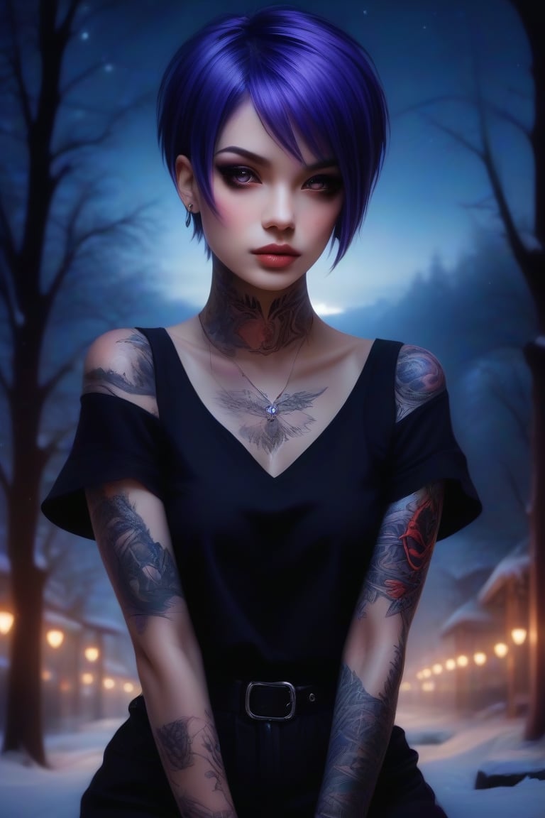 A photorealistic oil illustration of a beautiful goth female, sad eyes, lonely, sharp bobcut, purple hair, arm tatoo, epic composition, realistic, evening, bokeh lights, winter background, AAp41nt3dladies