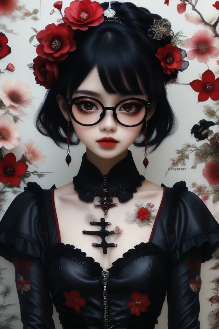 photorealism, photo-model view, Catholicpunk cute goth girl in a fusion of Japanese-inspired Gothic punk fashion, glasses, goth, black gloves, tight corset, incorporating traditional Japanese motifs and punk-inspired details,Emphasize the unique synthesis of styles, flowers ,heavy makeup, earrings, Lolita Fashion Clothes, kawaii, hearts ,emo, kawaiitech, dollskill, chibi, Eyes AAp41nt3dladies