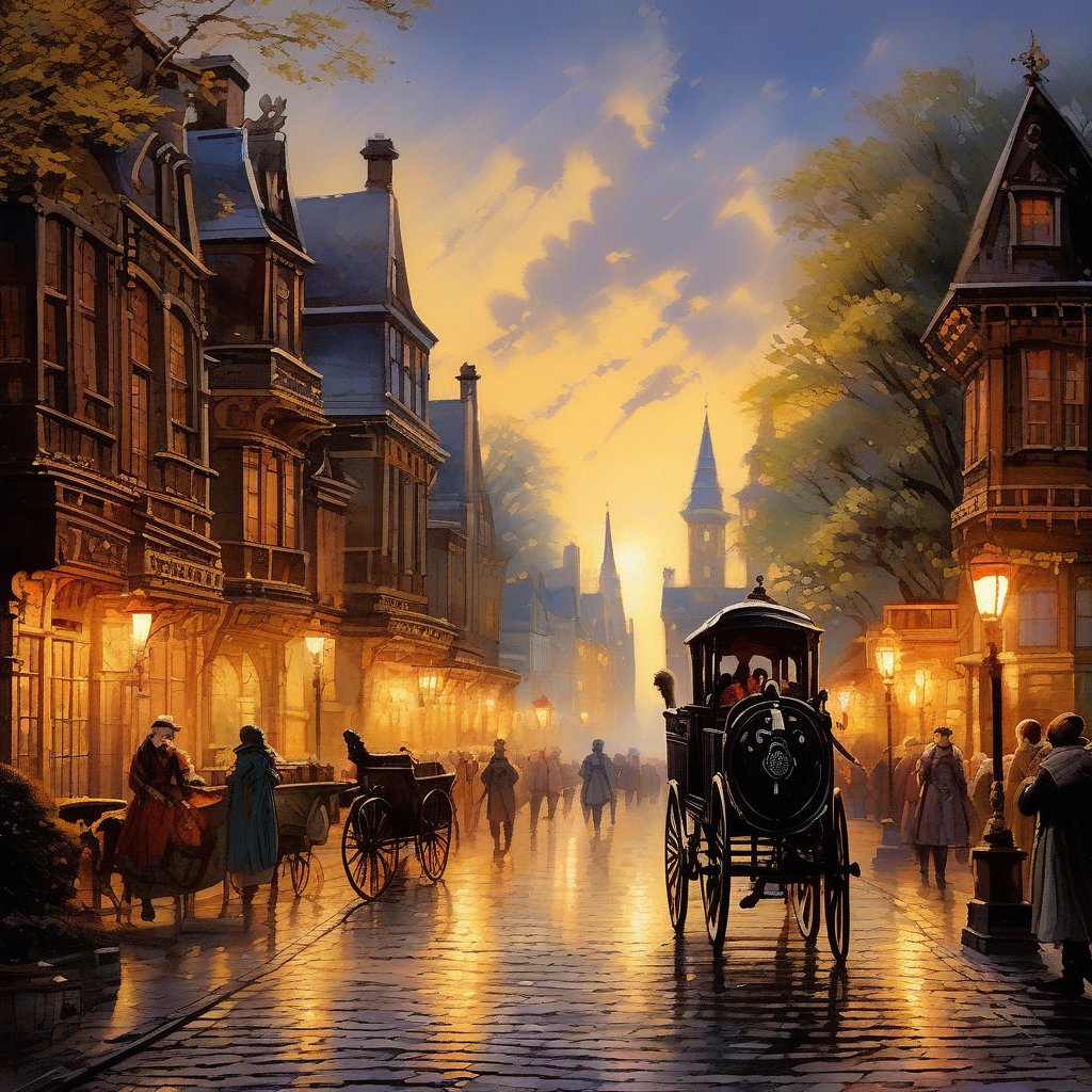 RPG_Background,. Victorian-Era Street with Horse-Drawn Carriages, "A bustling Victorian-era street, lined with ornate buildings and lampposts. Horse-drawn carriages clatter along the cobblestone road, and people in period attire go about their daily lives. The scene is lively and nostalgic, with a warm, golden glow from the gas lamps."