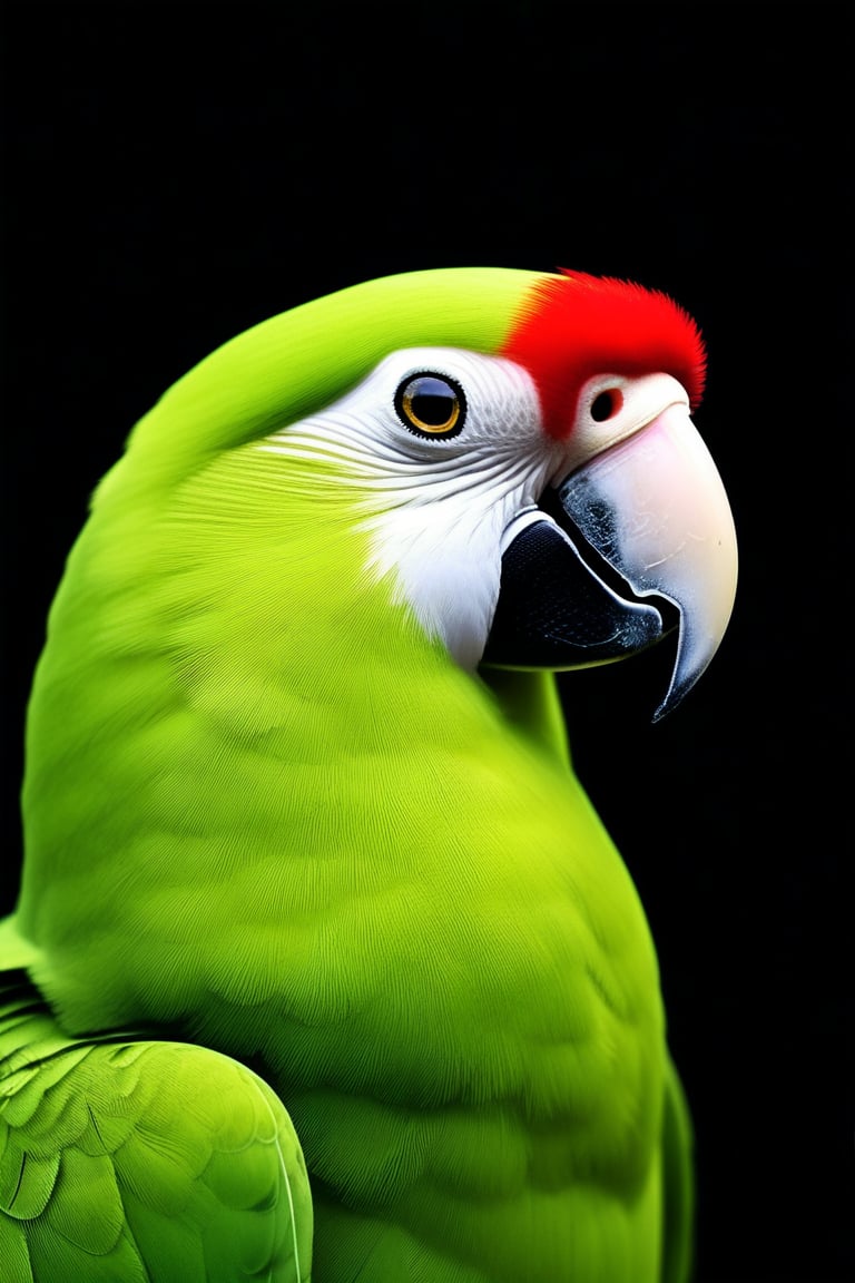 a close up of a green parrot on a black background, solo, looking at viewer, simple background, no humans, bird, animal, black background, animal focus, beak, parrot
