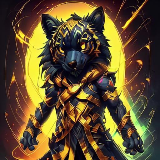 fox from league of legends chibi, tiger,  red scarf, cloak with hood,  concept art, gloves, colored sclera, teeth, black fur with gold stripes, barefoot, blue sky, abs